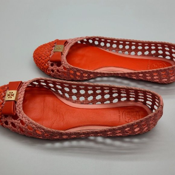 $275 Tory Burch Pink/orange Woven Carlyle Ballerina Flats Shoes, Sz 6,5 - Picture 2 of 6